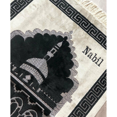 Personalised Velvet Prayer Mat - White & Black - Ibadah London